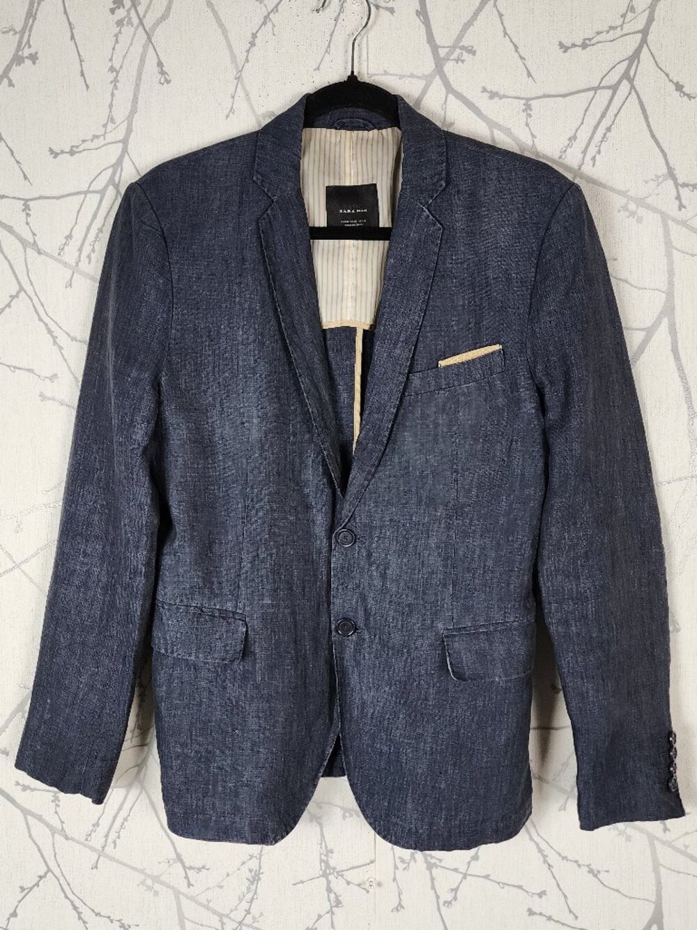 Zara Man Dark Wash Chambray 100% Linen Partially Lined Blazer